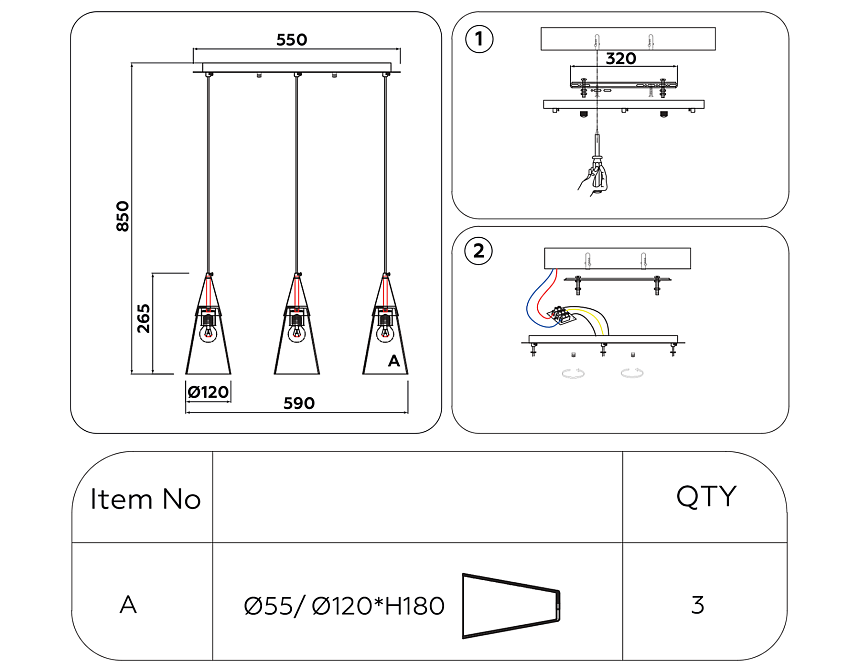 TR3669/3 BS/CL латунь/прозрачный E14/3 max 40W 590*120*850